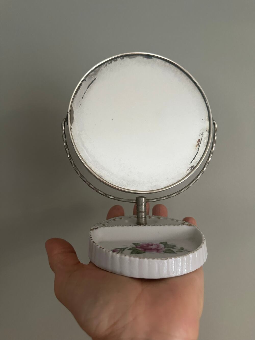Vintage Vanity Mirror porcelain Tray pink floral Victorian style double sided